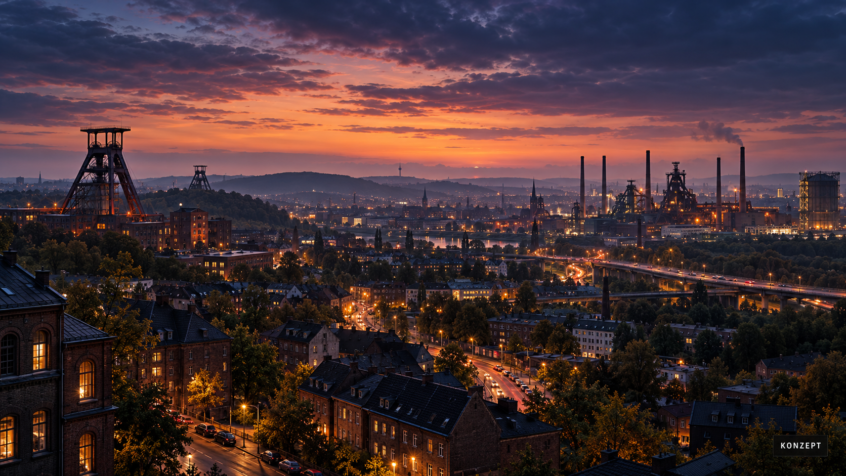 Konzept: Blick über eine Ruhrgebietsstadt mit Zechentürmen und Industrie im Abendlicht